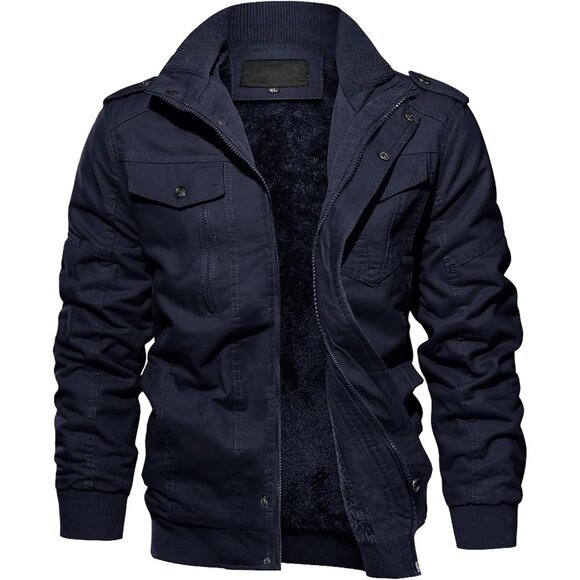 Men's Navy  Winter Cargo Fleece Sherpa Lined Casual Windproof Bomber Jacket - Picture 1 of 6